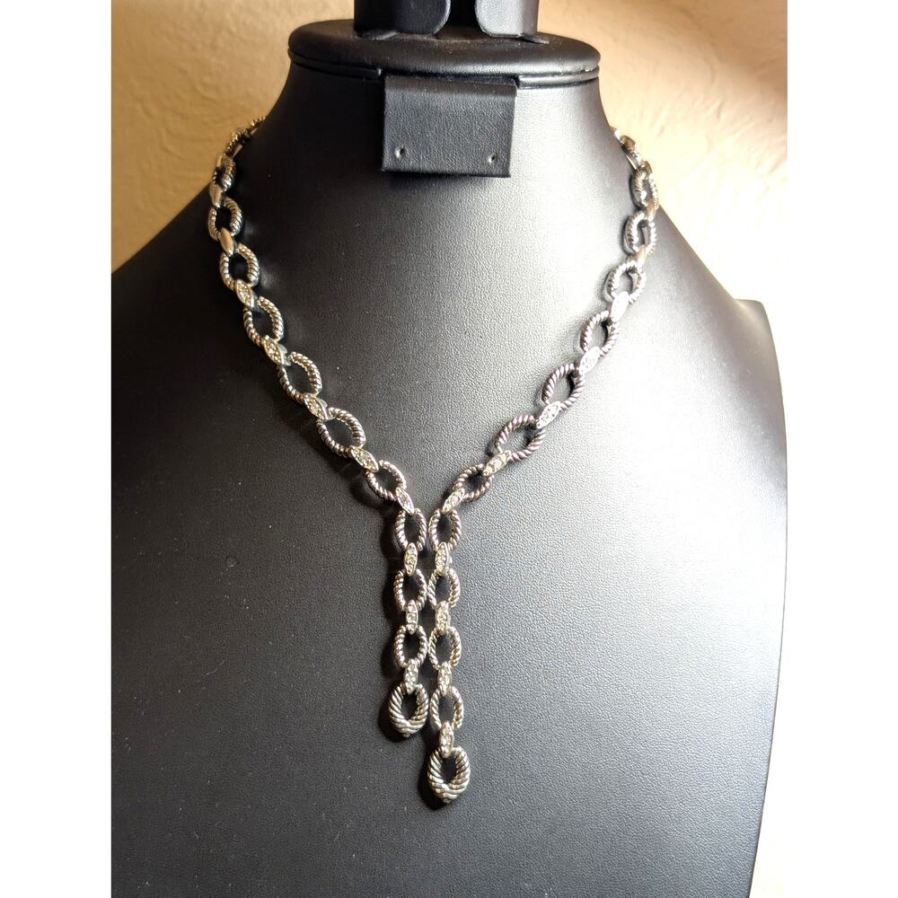 Silver Tone Textured Oval Link CZ Side by Side Y Dangle Fold Over Clasp Necklace